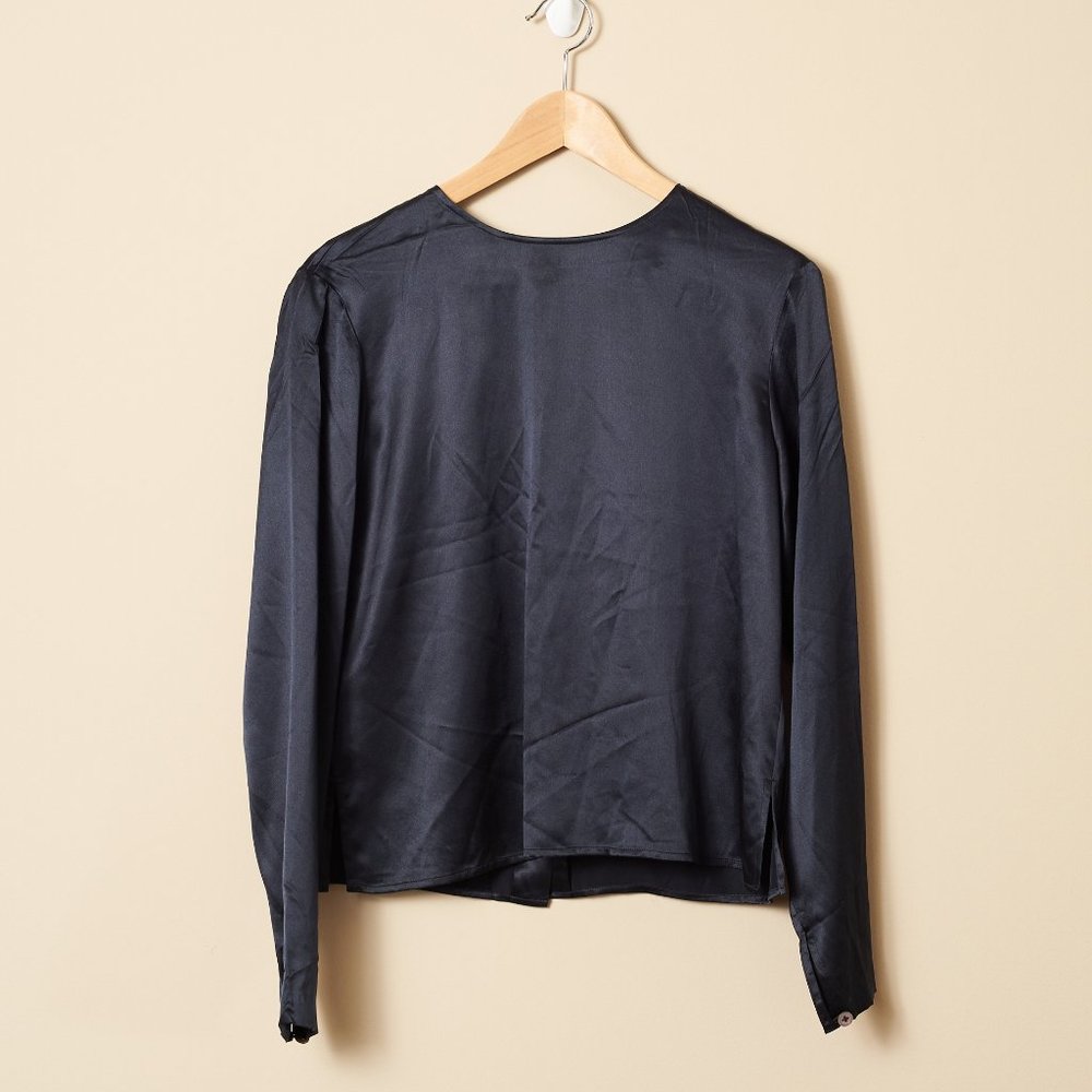 Longsleeve Navy 100% Silk Blouse Button Back 10